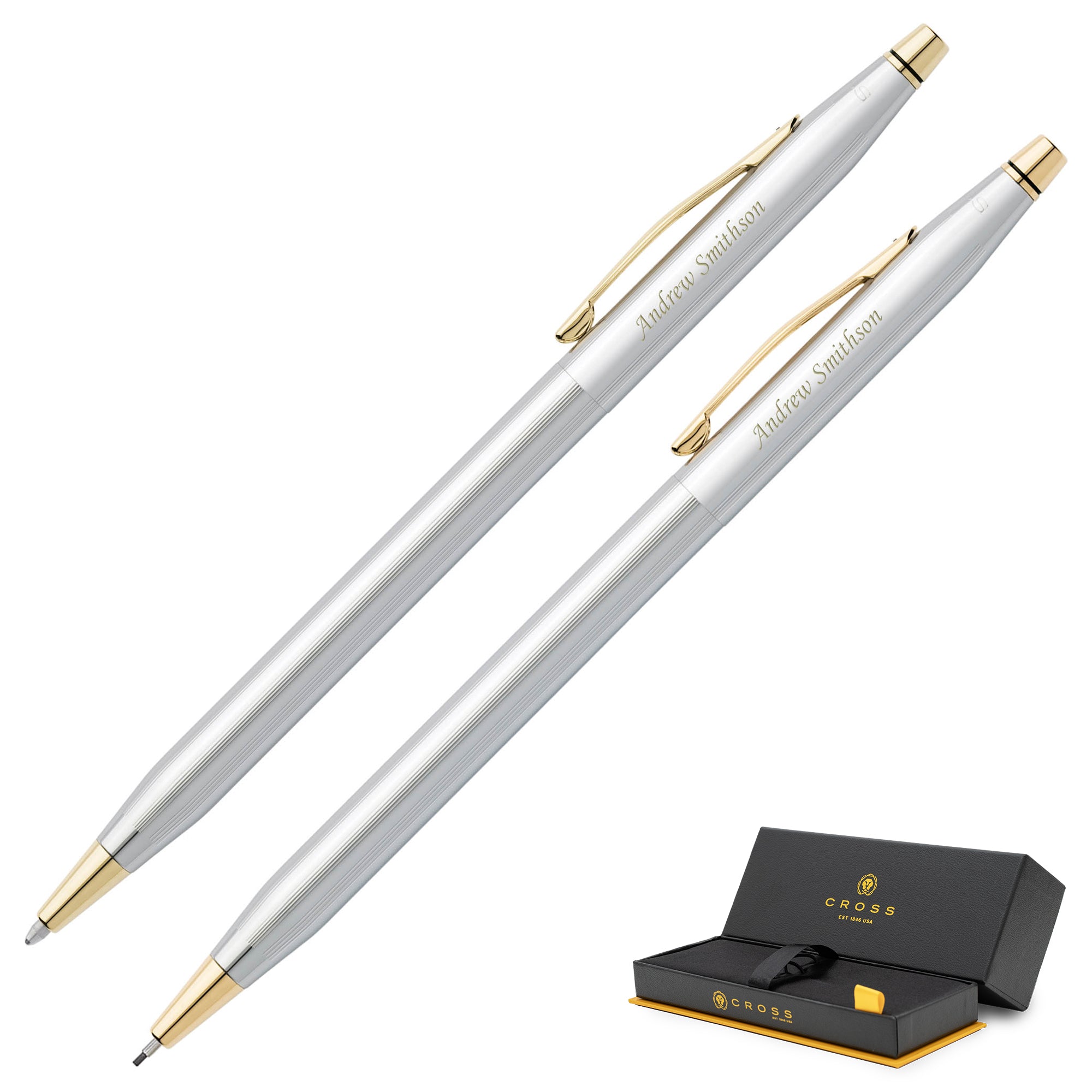 A personalized Cross Classic Century Medalist Pen and Pencil Set featuring two engraved Cross Classic Century Medalist Pens and Pencils in a gift box.